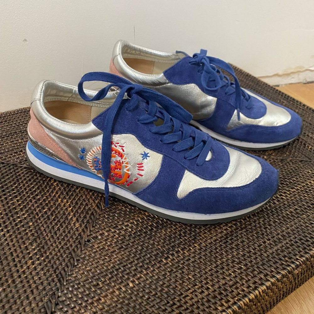 Tory Burch Blue‎ and Silver Sneakers Brielle Size 9 Leather Lace embroidery
